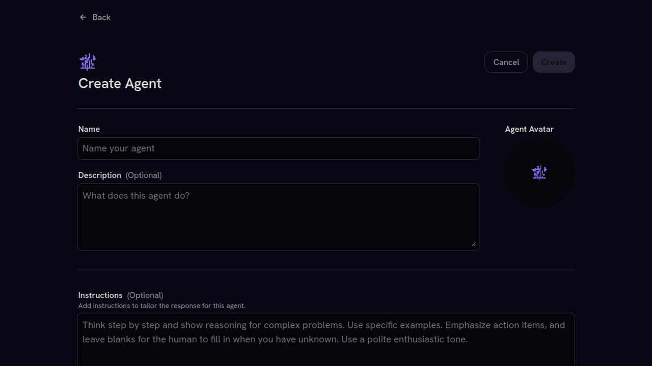 Creating a custom agent in GiiS Chat: name, description, avatar and instructions